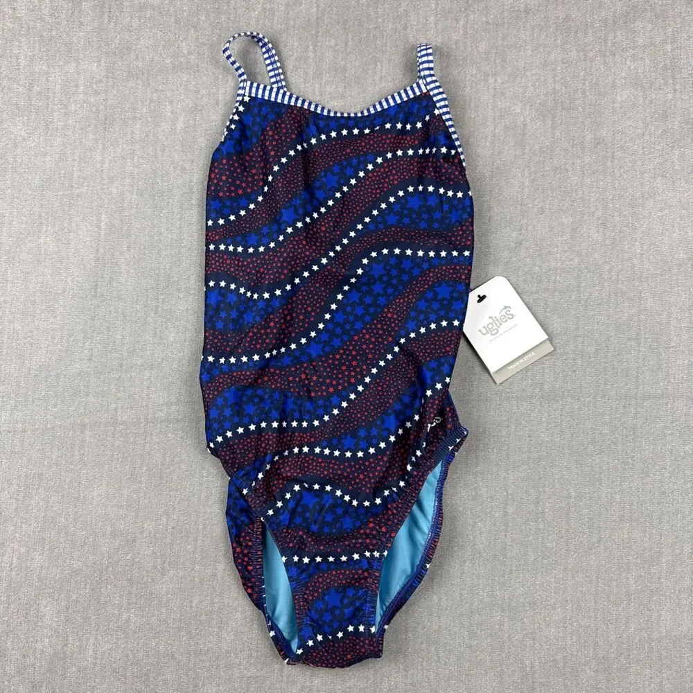 Uglies By Dolfin Swimwear Women's 34 Red White Blue Stars One Piece Swimsuit